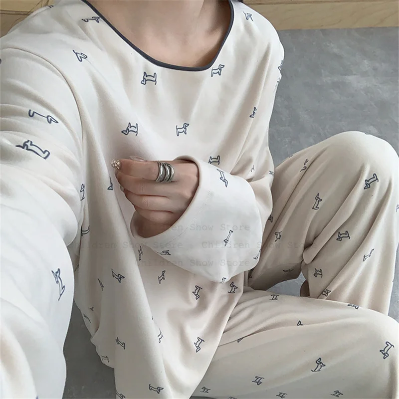 

Cute Print Cartoon Pajamas Suit Warm Flannel Pijama Mujer Long Sleeve Sleepwear Lady Autumn Winter Soft Pijamas De Mujer
