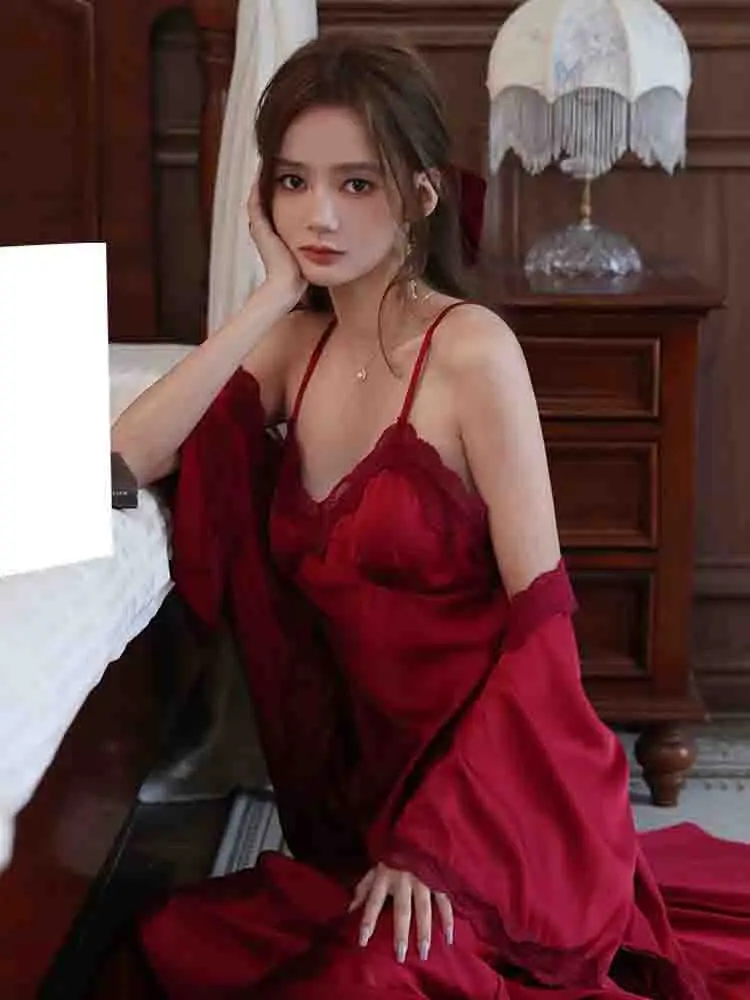 2023 Spring Red Silk Strap Dress Women Casual Korean Elegant Long Dress Patchwork Lace Midi Dresses Women Fashion Party V Neck