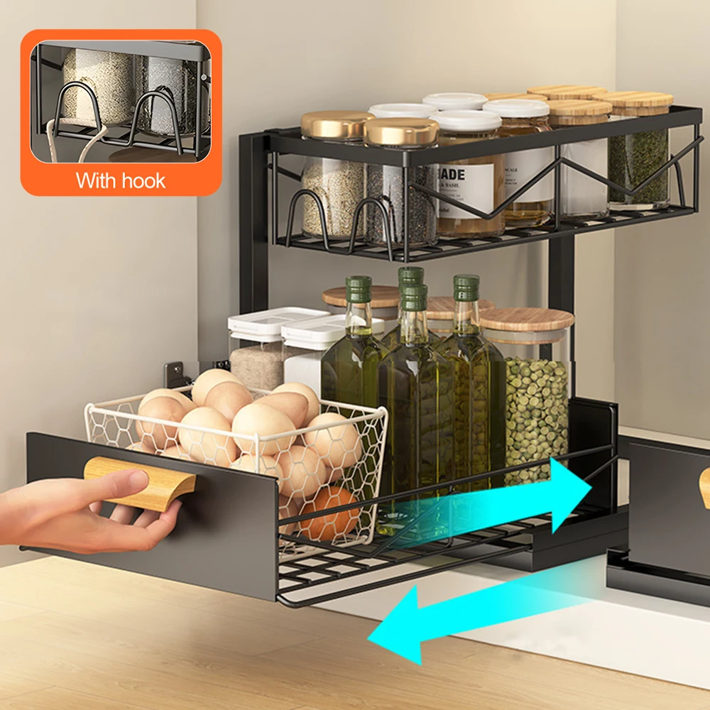 

2-уровневые органайзеры под раковиной, кухонная полка для хранения специй для столешницы, выдвижной органайзер для кухонного шкафа, металлическая полка, черная