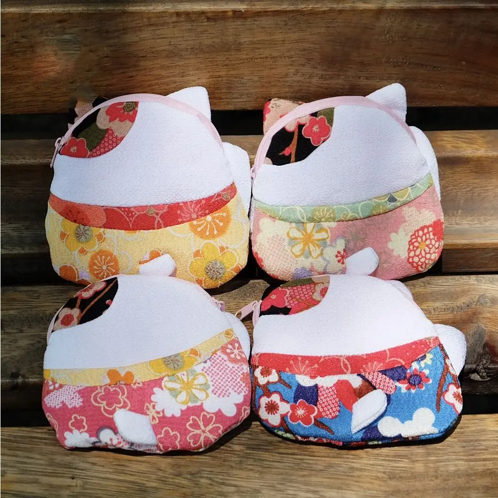 Casual Japanese Style Maneki Neko Coin Purse Flower Printing Wallets Lucky Cat Clutch Bag PU Storage Bag Card Holder Outdoor