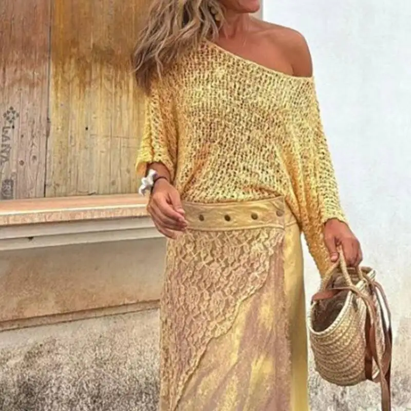 Moda hollowo solto protetor solar camisa sexy ombro inclinado malha cobrir ups topos feminino elegante o pescoço manga longa pulôver sólido