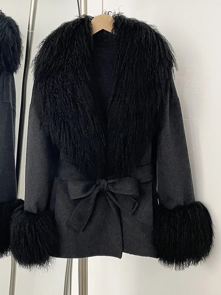 ZMEENNA Cappotto avvolgente in misto lana color crema elegante da donna con lussuoso collo e polsini in pelliccia sintetica bianca Chic caldo inverno ZM3407