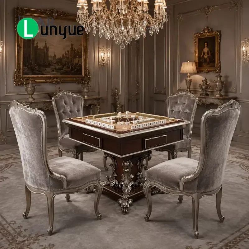 Silver Square Base Game Table Deluxe French Classic Mahjong Table for Home Living Room Entertainment Sturdy Elegant Design