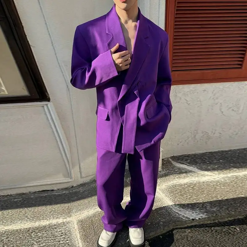 French Romantic Purple Men's Suit Set Chic Casual Niche Design Blazer Coat And Trendy Wide Leg Pants Two Pieces Set 9XC021 view 5