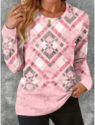 Retro 3D Print Color Block Crew Neck Long Sleeve T-Shirt Womens Clothing Casual Clothes Harajuku Female Clothing Pullover