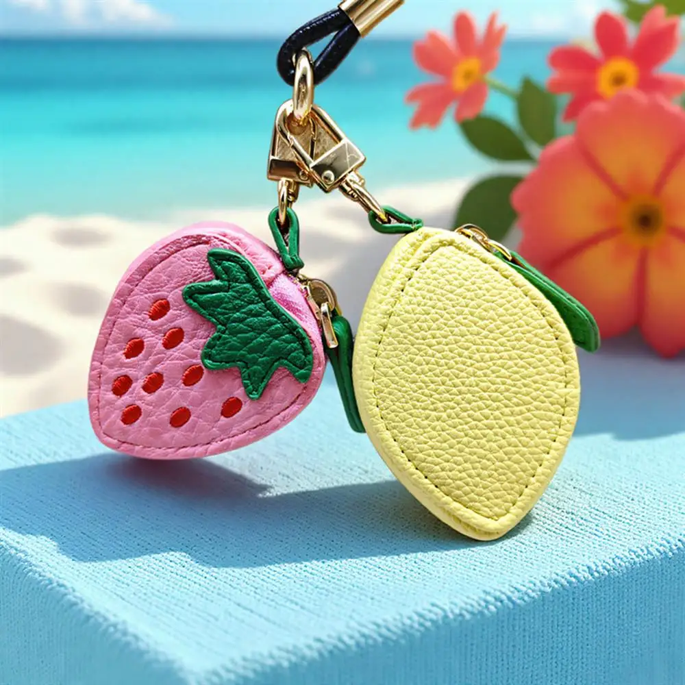 

2025 Charming Lemon Shape Charm Coin Purse Strawberry Fruit Mini Women‘s Wallet Keychain Creative Leather Bag Charm Pendant Gift