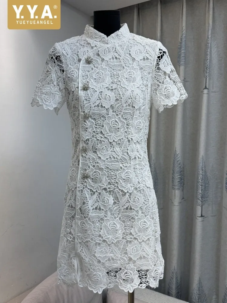 Chinese Style Vintage Summer Elegant Women Slim Fit Floral Embroidery Hollow Out Dress Beading Buttons Stand Collar Short Sleeve