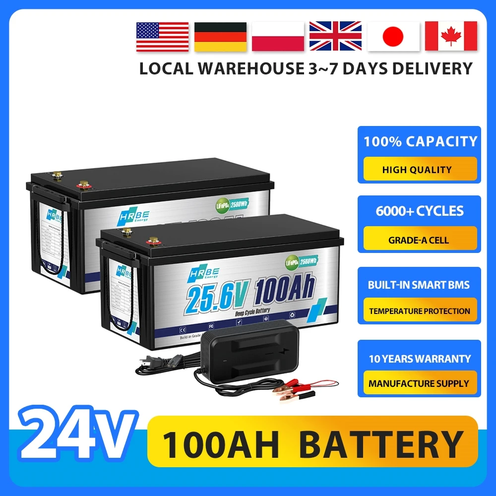 

24V 100Ah LiFePO4 Lithium Battery,Built-in 100A Low Temperature Protection BMS,for RV/Camper,Trolling Motor,Solar Off-Grid 2Pack