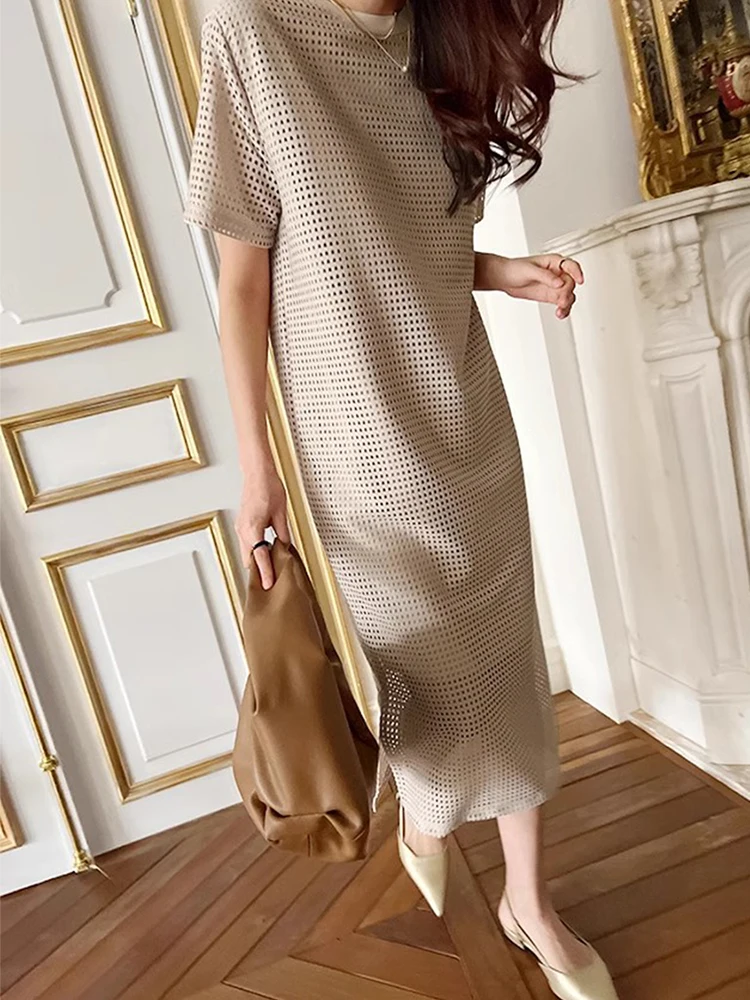 Chique Vintage ronde Ne Loose Casual Hollow out ort Sve Straight Tube Dr Dames Lente Dr Koreaanse Sle Long Dr