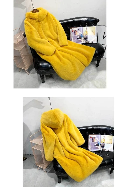 여성용 두꺼운 타입 모조 밍크 헤어, 긴 스타일 후드, 느슨한 인조 봉제 모피 코트, 가을 및 겨울