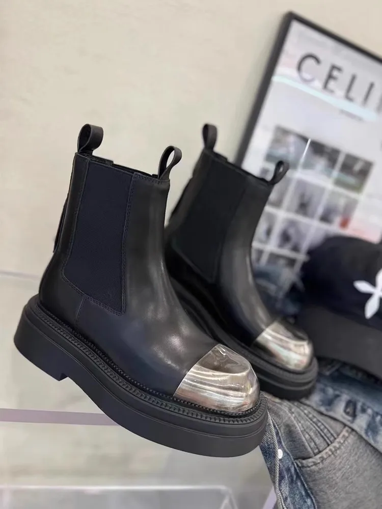 Punkowe damskie czarne buty na platformie jesień zima Hip Hop wsuwane z prawdziwej skóry krótkie buty moda na co dzień Chelsea Boots