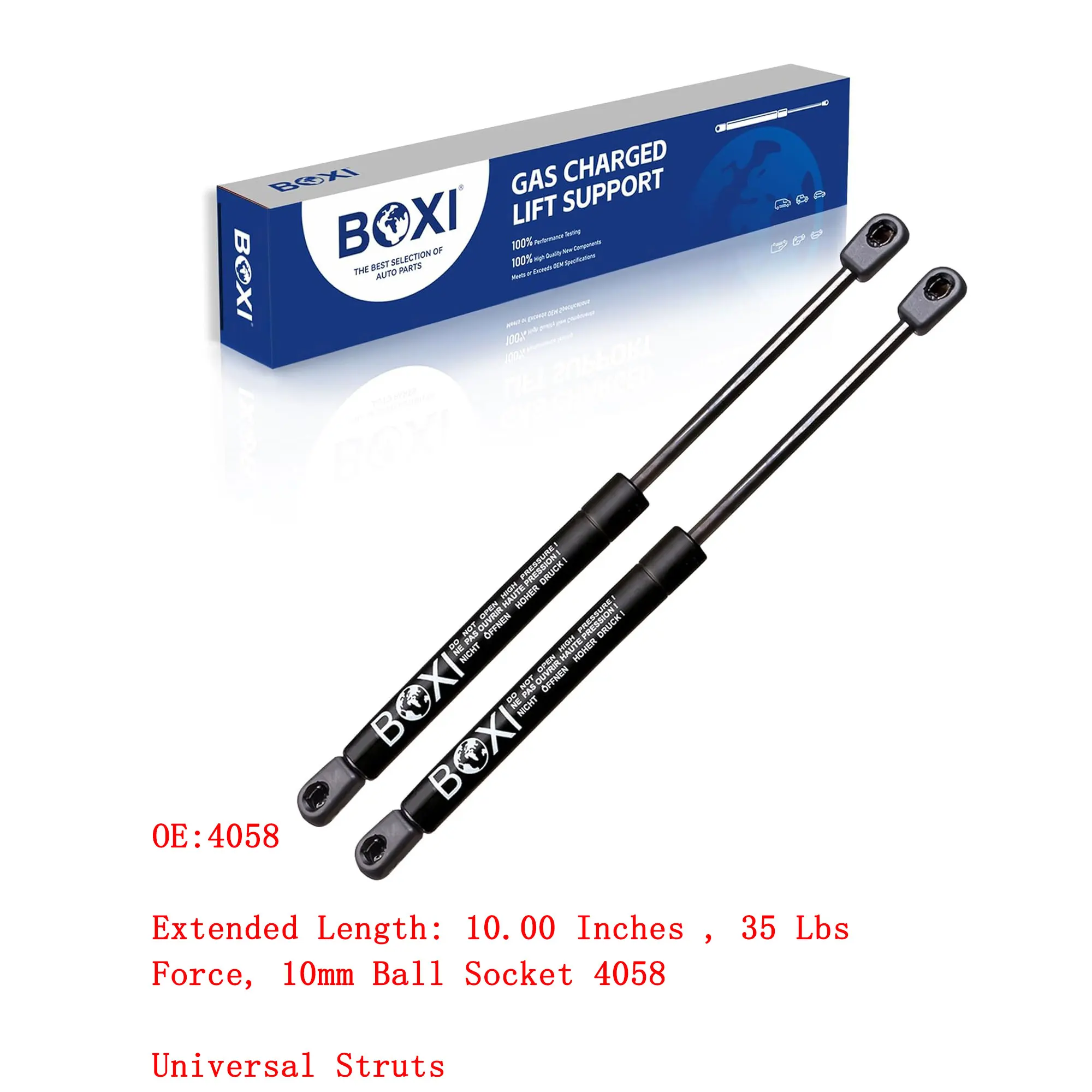 2 Pcs 4058 Universal Lift Supports Struts Shocks Extended Length: 10.00 Inches 35 Lbs Force 10mm Ball Socket 4058 Gas Spring