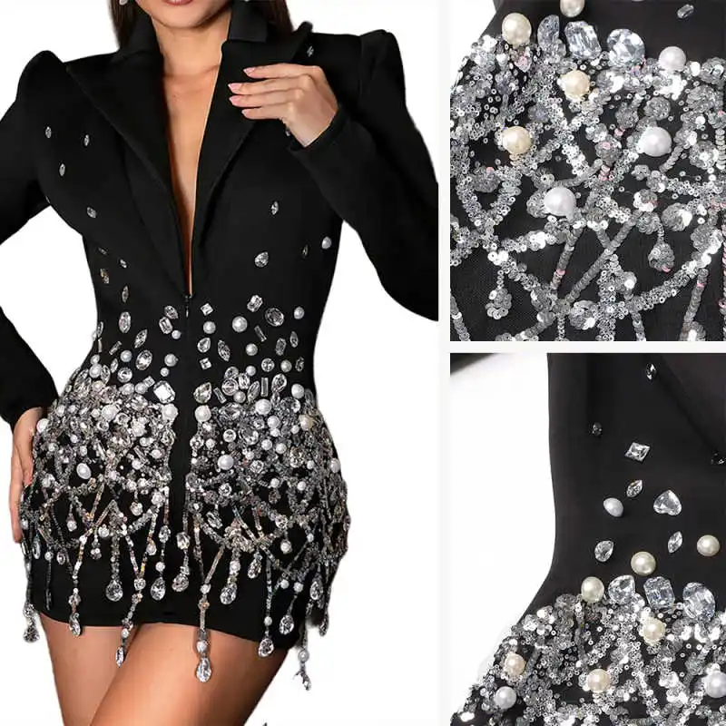 

Temperament Women Dress Peaked Lapel Long Sleeve High Waist Spliced Pearls Crystal Sequins Mini Dresses Customized