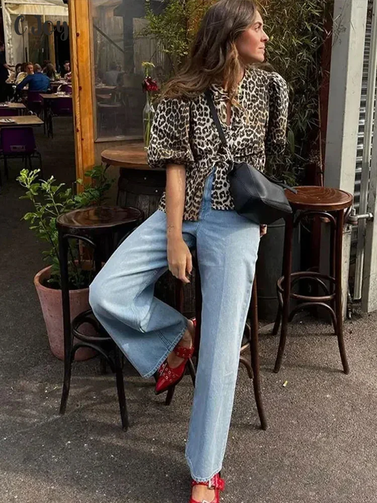 

2024 Leopard Print Lace Up Top Women Hollow Out Puff Short Sleeve O-neck Shirt Female Summer Lady Fashion Commuter Tops