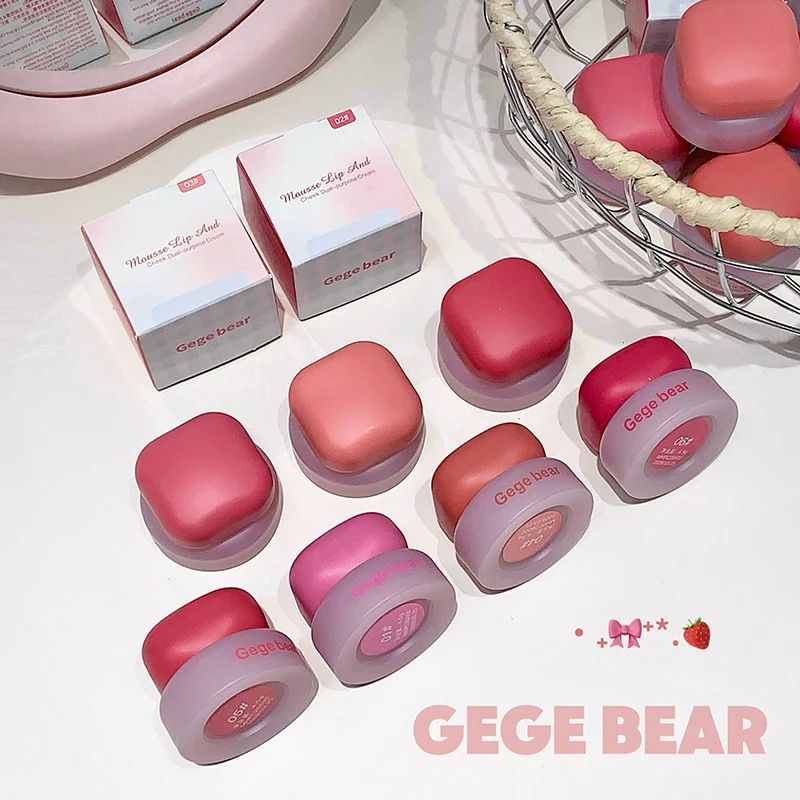 Gege Bear Mousse Bálsamo labial y mejillas, rubor mate de estilo coreano y tinte labial para un aspecto versátil, complementa todos los tonos de piel