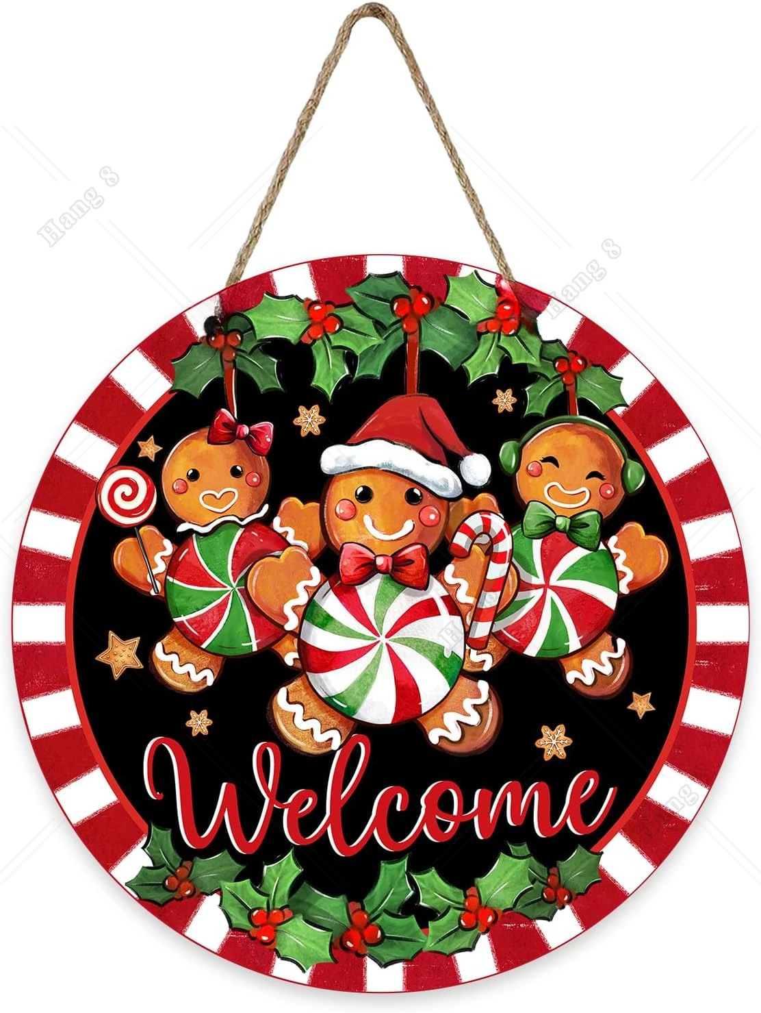 Welcome Christmas Gingerbread Man Front Door Sign Xmas Peppermint Candy Wood Door Hanger Outdoor Outside Porch Decor