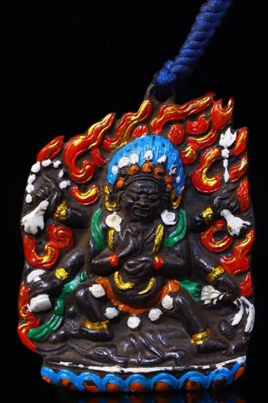 Hand-hammered and engraved copper tire with six arms, Mahagala, the Buddha statue of the god of wealth in the dark sky, Tantra N