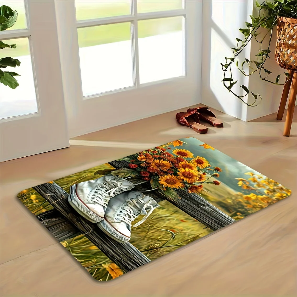Farmhouse Sunflower Design Doormat Rural Field Sneaker Art Print Rug Soft Floor Mat for Porch Bedroom Country Home Styling