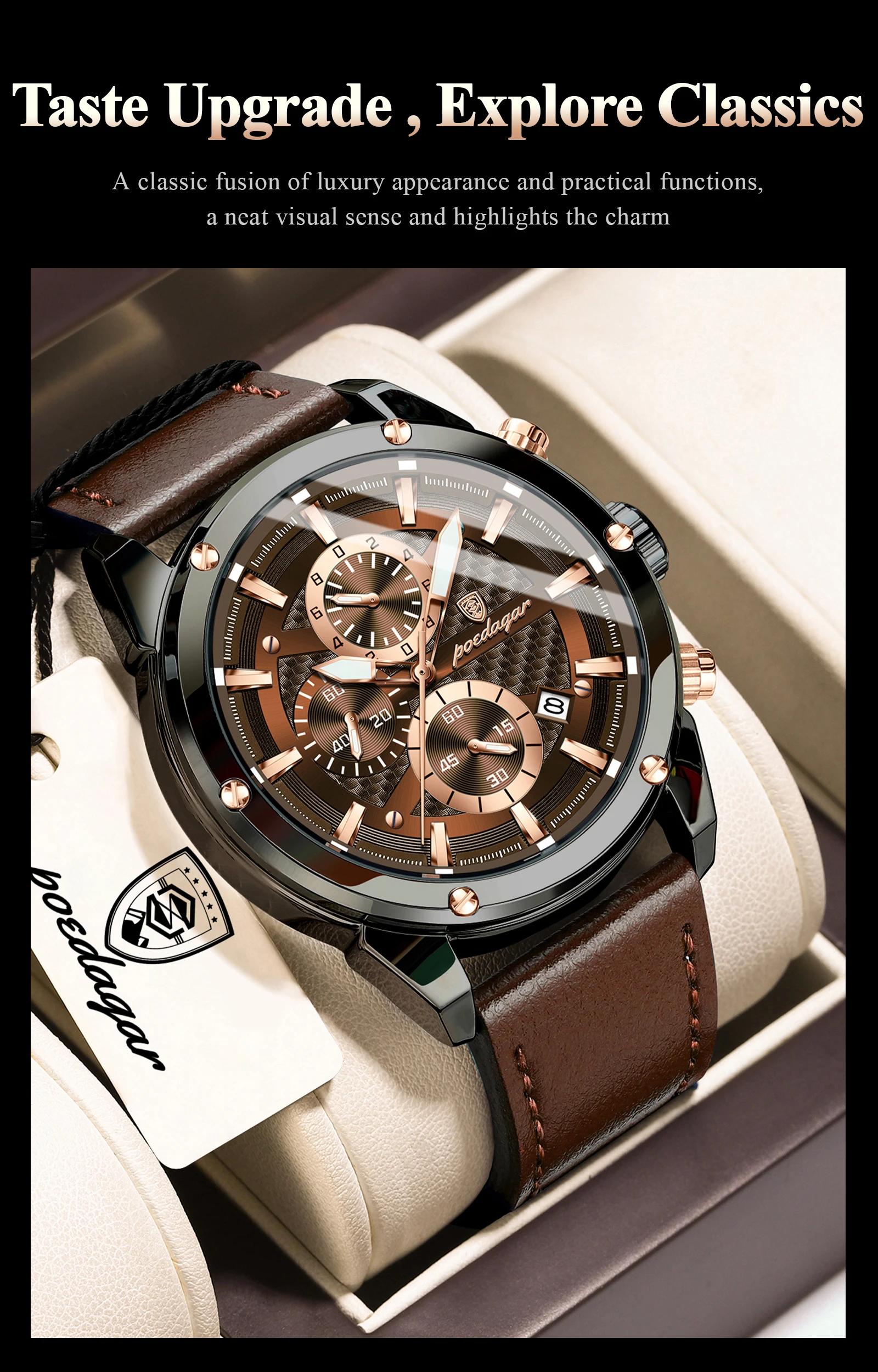 POEDAGAR High Quality Quartz Man Clock Waterproof Luminous Chronograph Date Men Wristwatch Leather Luxury Business Men's Watches