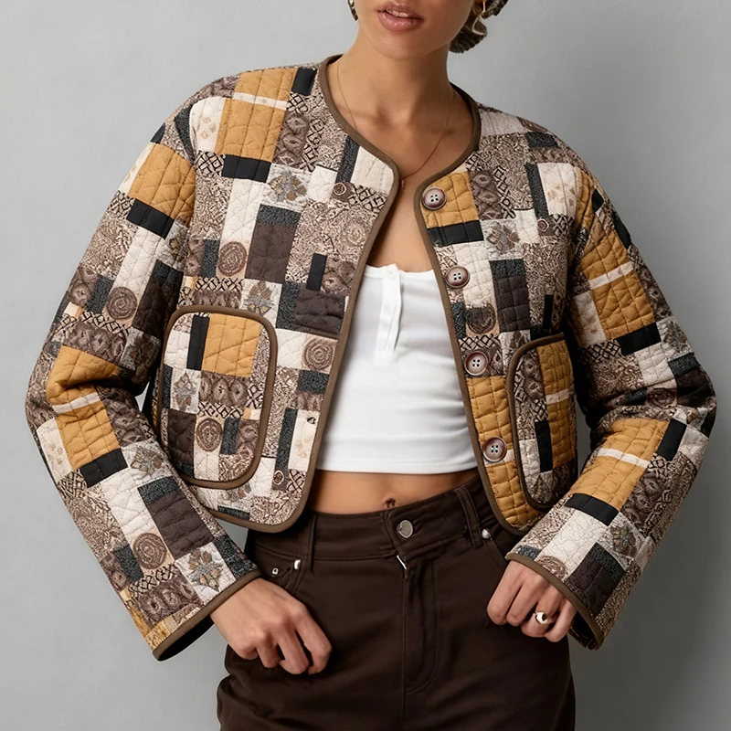 

Retro Fashion Patchwork Print Quilted Cotton Jackets For Woman New Arrival Long-Sleeve Lightweight Warm Winter Coat Outerwears
