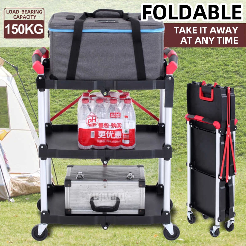 

​ 3-Tier Folding Utility Cart, Multi-Purpose Portable Workstation for Camping, Auto Repair, and Mobile Vending