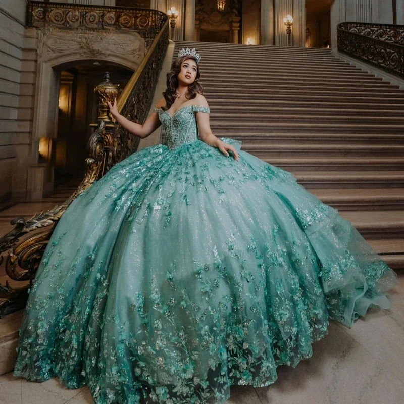 

Платье Quinceanera по индивидуальному заказу, бальное платье с 3D цветочной аппликацией, расшитое бисером, Мексиканский бант, корсет, сладкое платье для выпускного вечера 16,