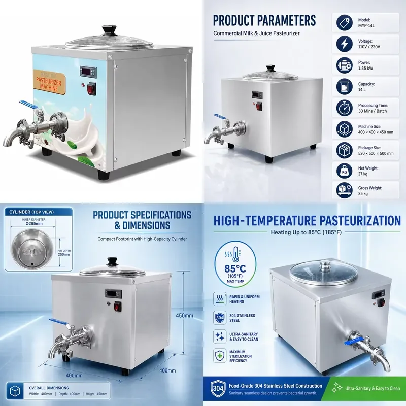 14L Commercial Pasteurizer for Juice Milk Food Grade Stainless Steel Sterilization Machine for Beverage Dairy Processing