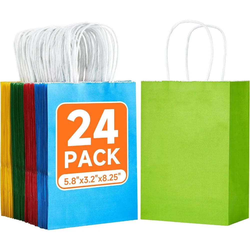 24 Pack Small Rainbow Colored Kraft Paper Gift Bags with Handles Bulk Party Favor Bags for Birthday Wedding Baby Shower Supplies