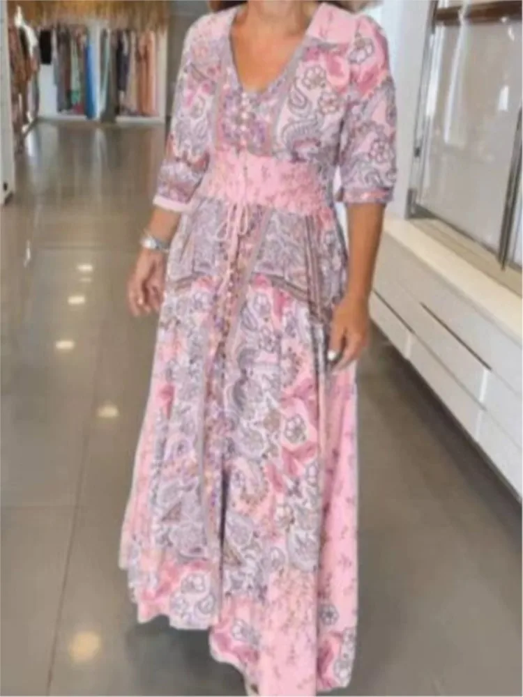 Nice Women Floral Print Boho Long Dress Casual V-Neck Half Sleeve Loose Holiday Beach Party Dresses Lady Elegant Vestidos