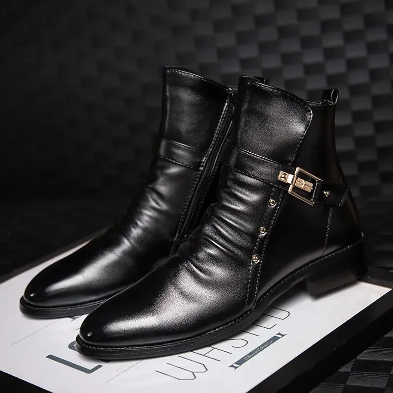 Autumn Winter Elegant Chelsea Boots Leather Men Ankle Shoes Slip-on Dress Formal Boot for Man Pointed Toe Knight botas masculino