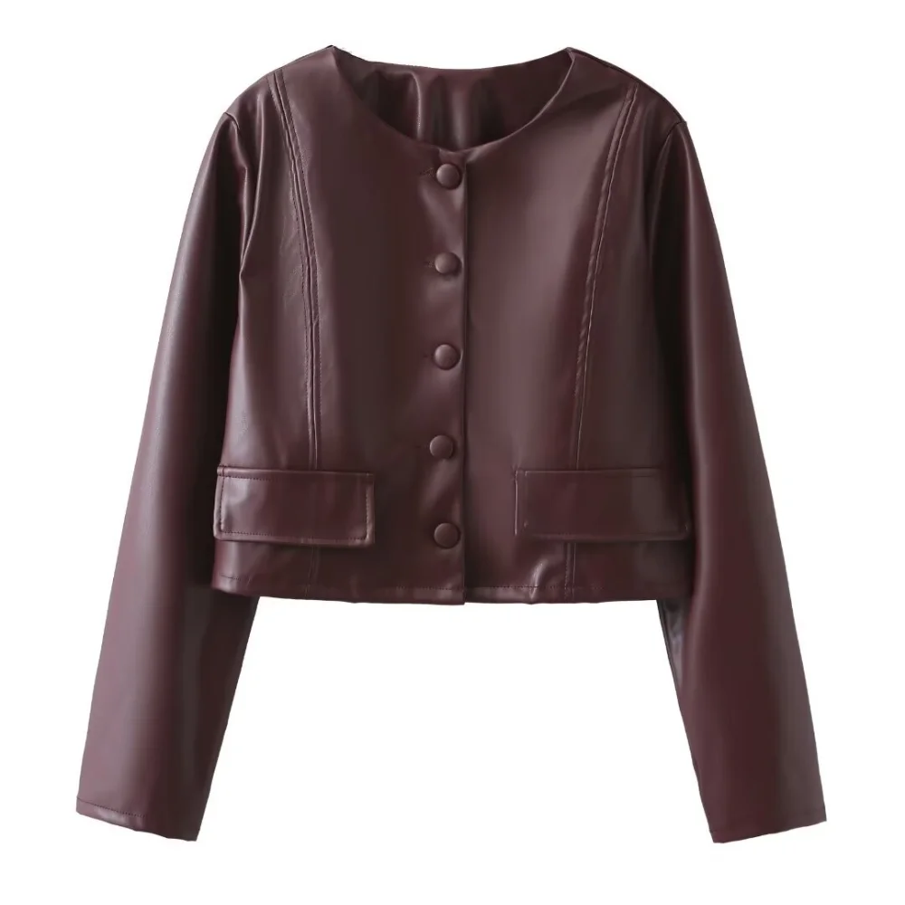 Veste en cuir de style parfumé pour femme, veste courte simple, manches longues, col rond, boutonnage, automne et hiver, nouveau