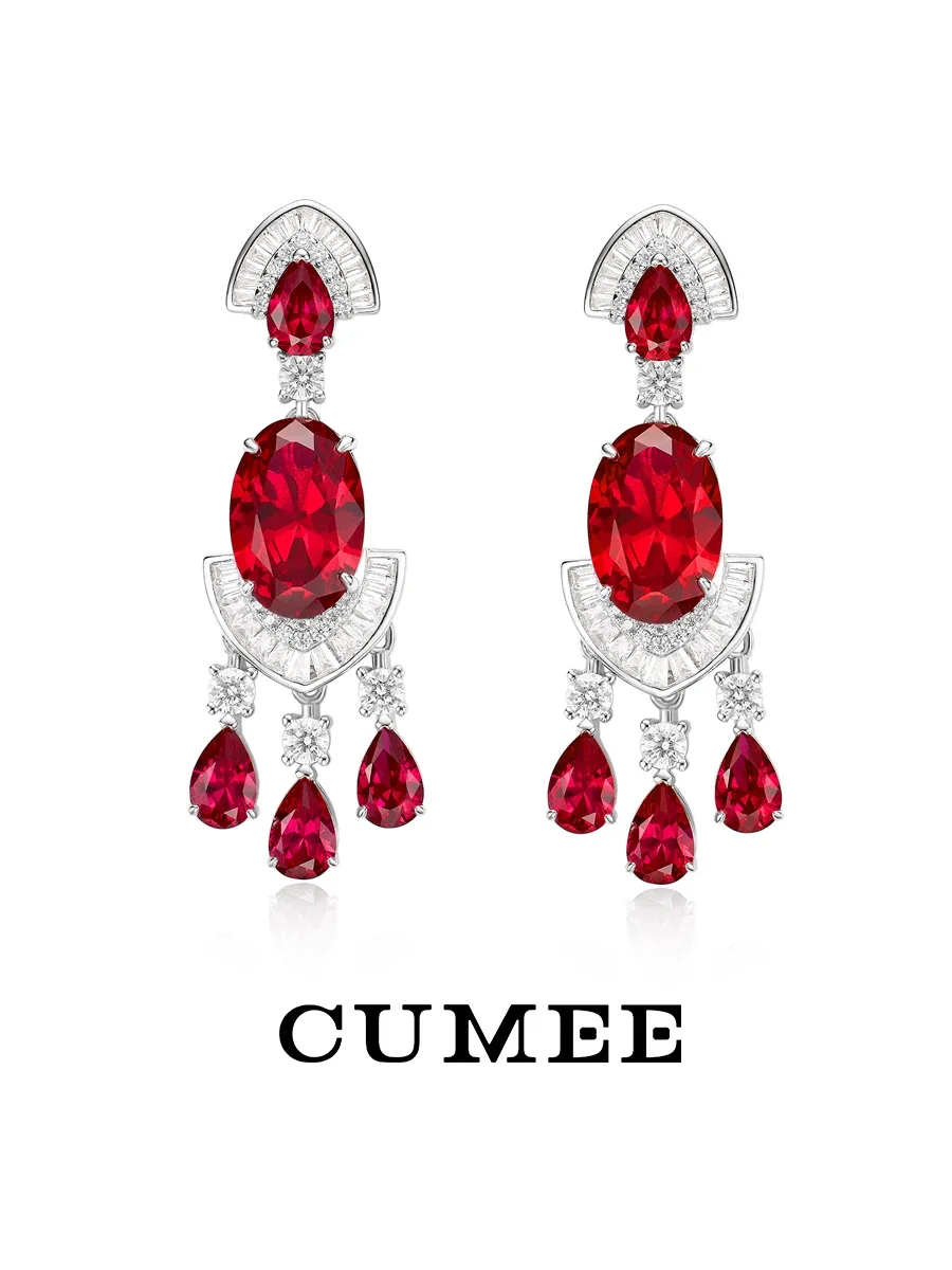 CUMEE 925 Silver Gold Plating Dinner Party Design Pigeon Blood Red Cultivated Synthetic Ruby Earrings Women Fine Jewelry CZ
