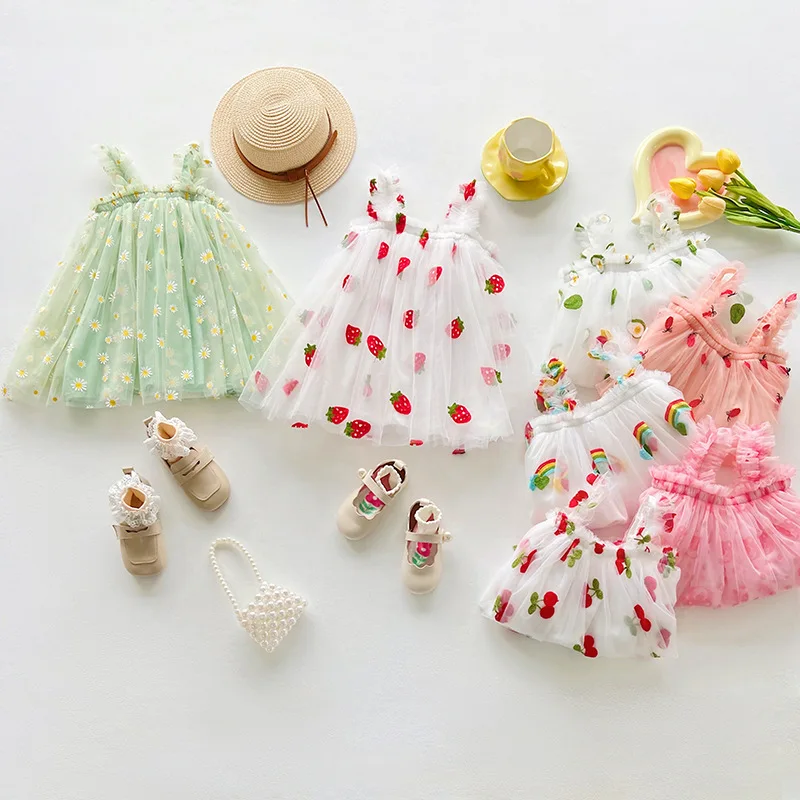 

Fruit Embroidered Mesh Girls Dress Summer Style Strap Baby Girl Princess Dress Puffy Tulle Dress