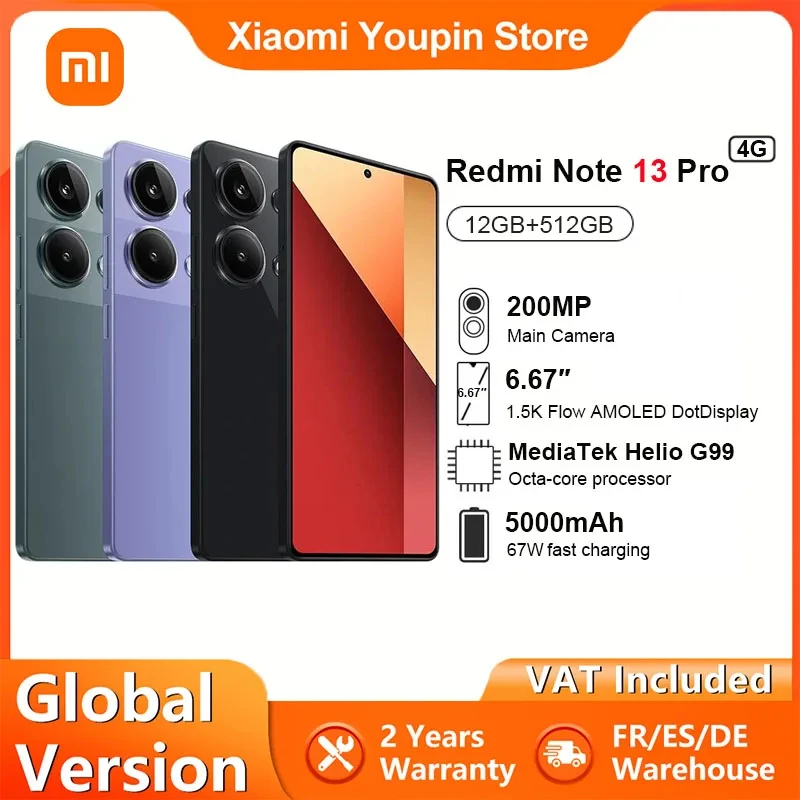 Globalna wersja Xiaomi Redmi Note 13 Pro 200MP kamera 6.67 \'\'AMOLED 120Hz wyświetlacz NFC MediaTek Helio G99 67W ładowanie