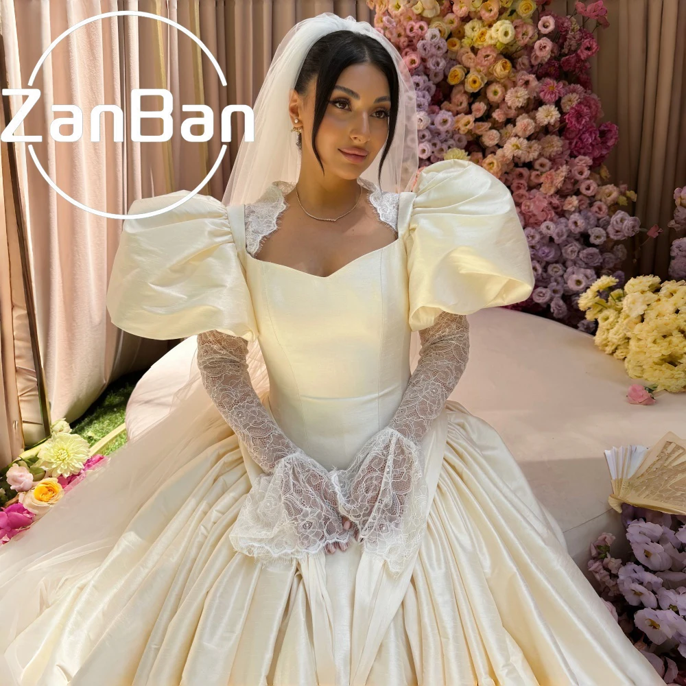 ZanBan Princess Lvory A-Line Taffeta 2027 Wedding Dresses Lace Pleat Puff Short Sleeves Bridal Gown Customized Vestidos De Novia