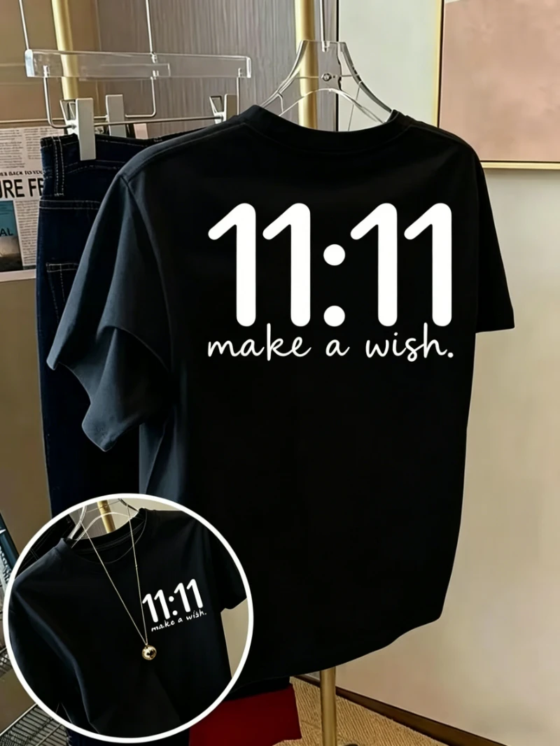 Minimalist Spiritual Aesthetic Top,11:11 Make A Wish Angel Number Graphic T-Shirt Crew Neck Short Sleeve for Casual Daily Wear