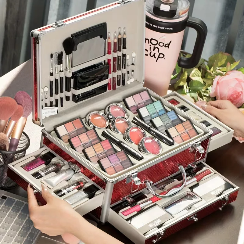Multifunctional Aluminum Travel Makeup Case – Complete Set with Eyeshadow, Blush, Lipstick, Foundation, Eyeliner, Mascara wait
