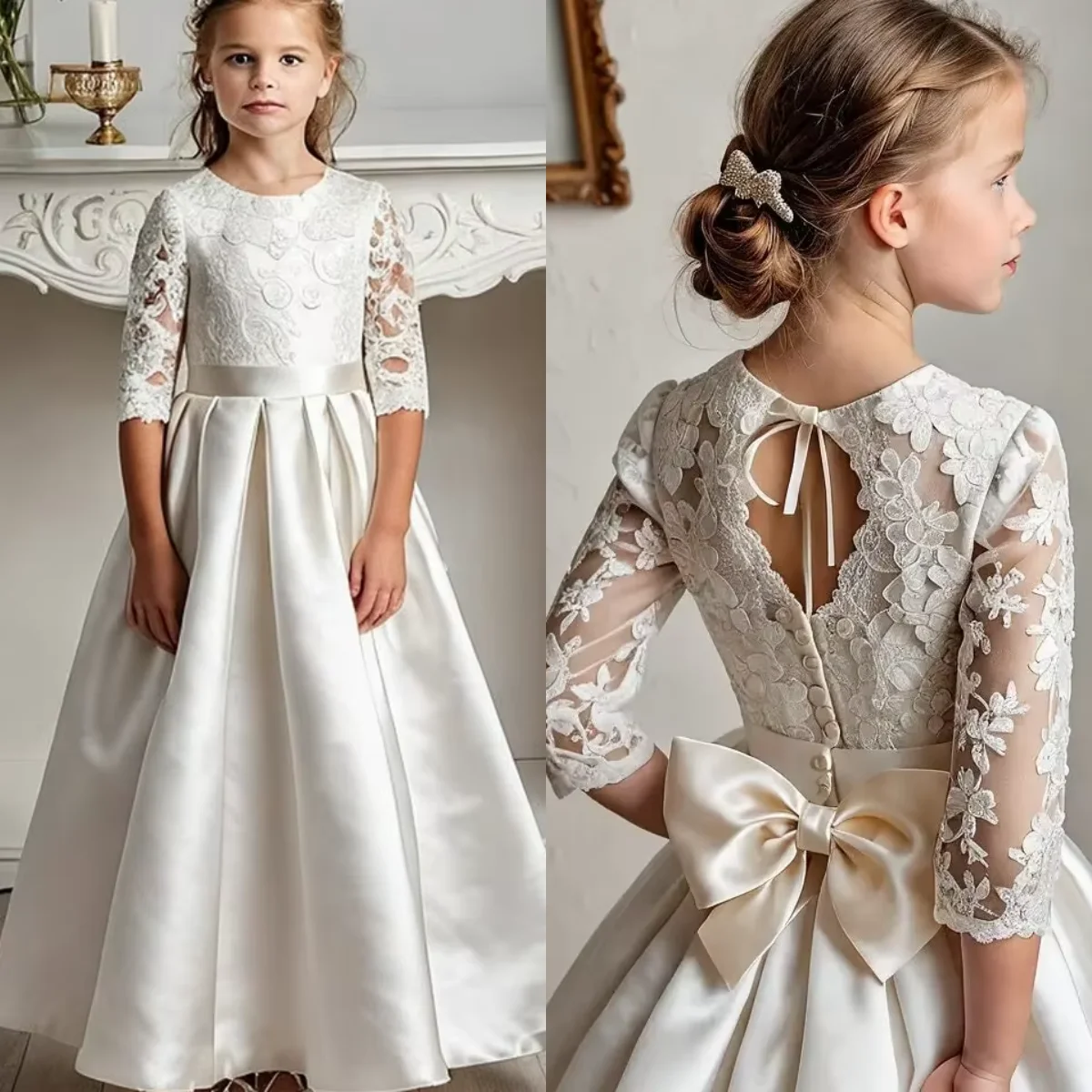 

Платья для первого причастия. Милое атласное платье с цветочным узором для девочек на заказ с гипюровым кружевным принтом и бантом. Детские платья для дня рождения.