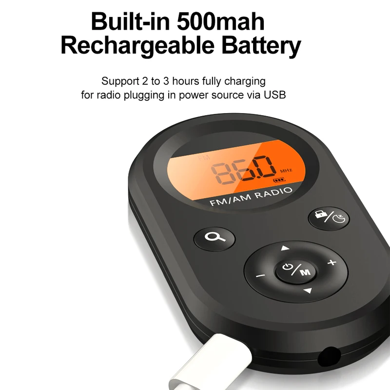 Mini FM/AM Radio Portable Pocket 9K/10K Radio Receiver with LCD Display Backlight Lanyard Design 76-108MHZ Rechargeable