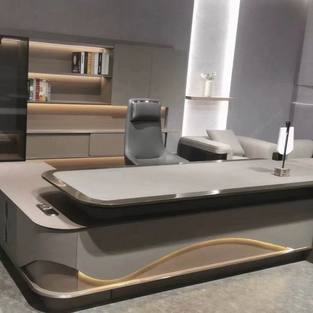 高級モダン無垢材社長用コーナーオフィスデスク、耐久性と優雅さを兼ね備えたエグゼクティブマネージャーテーブル、商業用家具CEOオフィスデスク