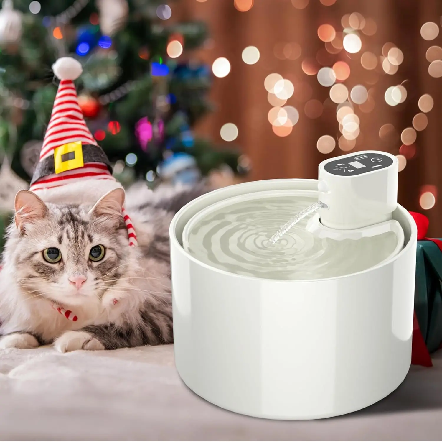 

2.3L Ceramic Cat Water Fountain Automatic Wireless Pet Water Dispenser with Temperature & Water Level Display Pets Drinker Bowl