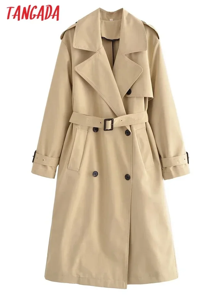 Tangada 2023 Women Khaki Classic Trench Coat with Belt Elegant Female Windbreak QN238