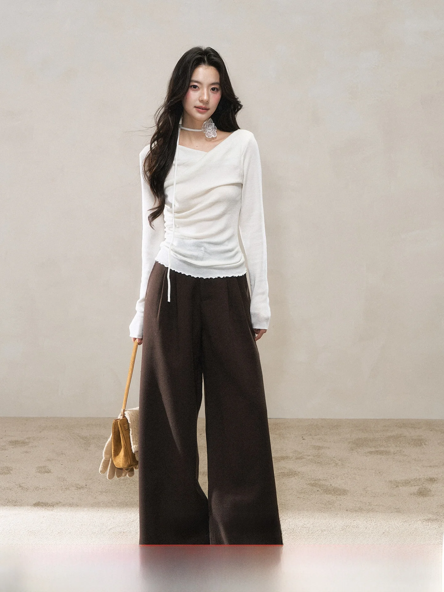 

Casual Wide Leg Pants Women's Coffee Color Loose Fit Straight Leg Trousers Winter New Sle Drape Design Comfortable Long Pants
