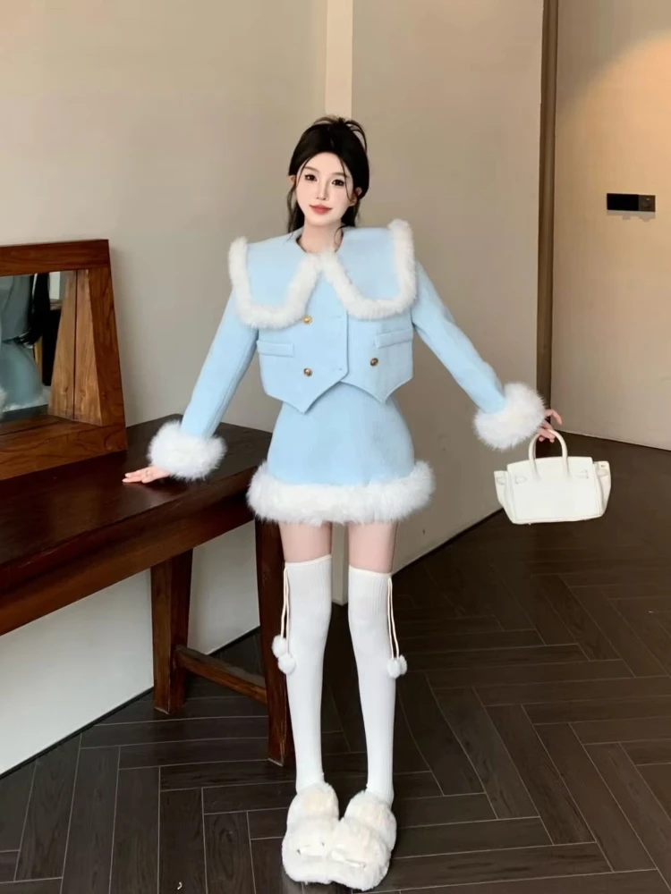 

Autumn/winter New Fashionable Youthful Design Elegant Warm Short Jacket Stylish Skirt Two-piece Set for Women Female Office Lady