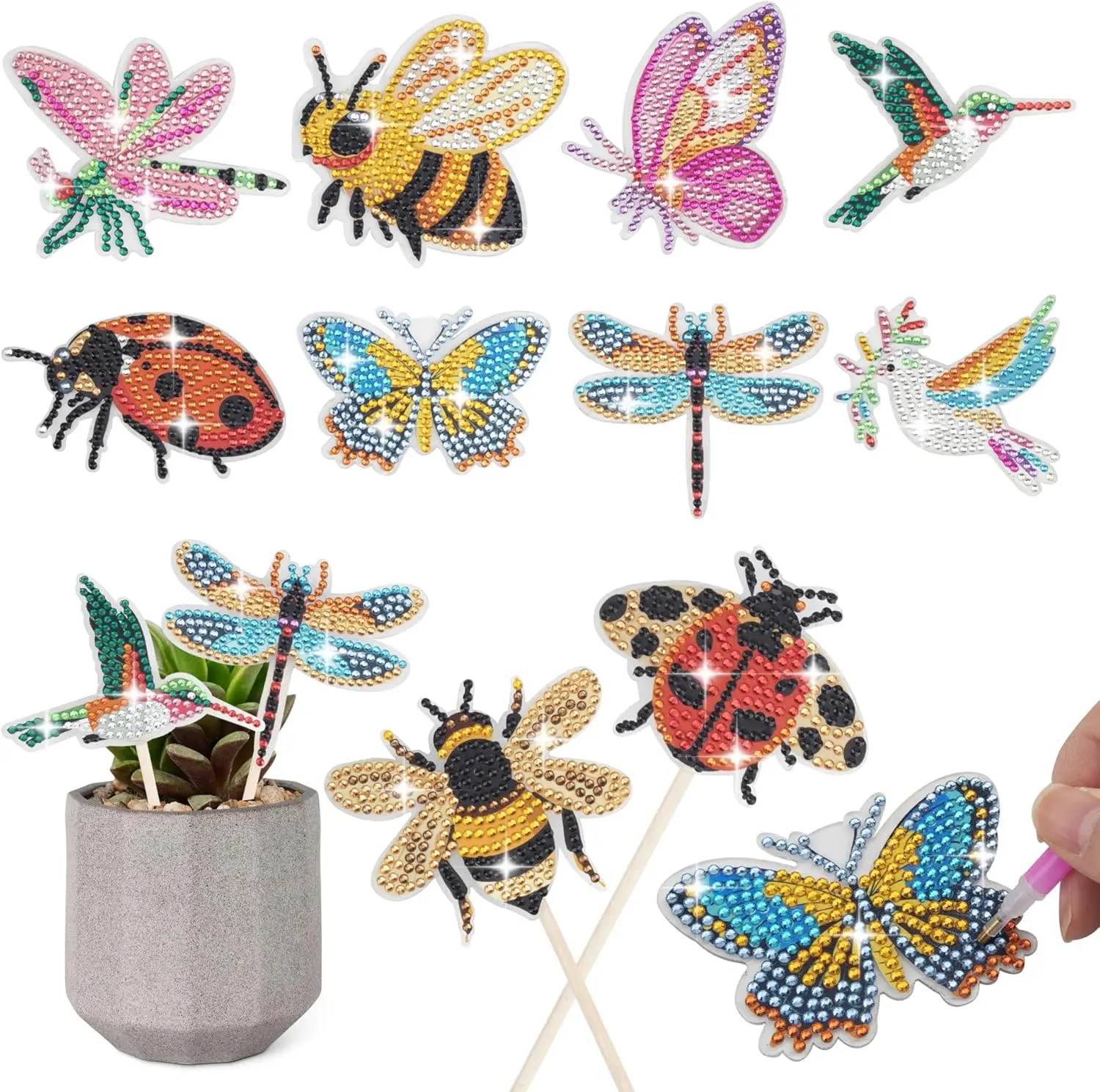 

SWATOM 10PCS Diamond Art Kits for Adults for Garden Decor with Butterfly, Hummingbird, Ladybug, Bee, Dragonfly Stakes Diamond