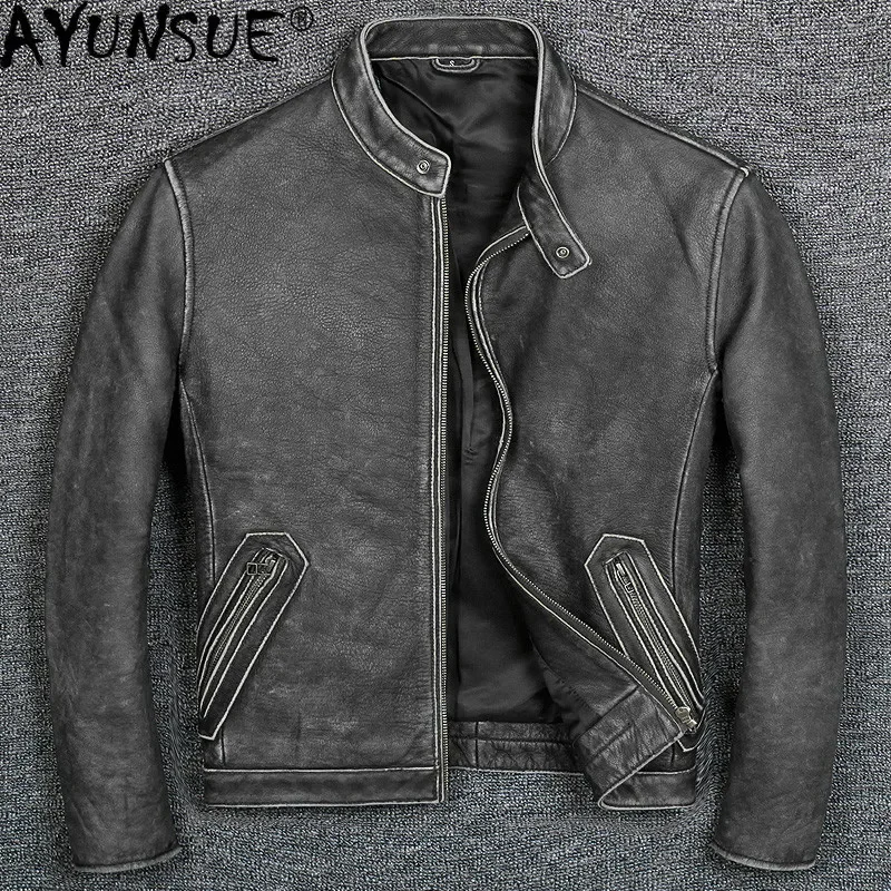 

AYUNSUE Real Leather Jacket Men Motorcycle Genuine Vintage Sheepskin Coat Cowhide Plus Size Chaqueta Cuero Hombre 1805