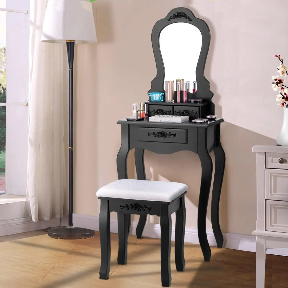 Bathroom Vanity Wood Makeup Dressing Table Stool Set with Mirror (Black)