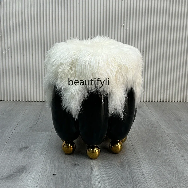 SS NewMinimalist Creative Bullet Plush Low Stool Modern Real Sheep Beach Fur Living Room Dressing Bench Shoe Change Stool