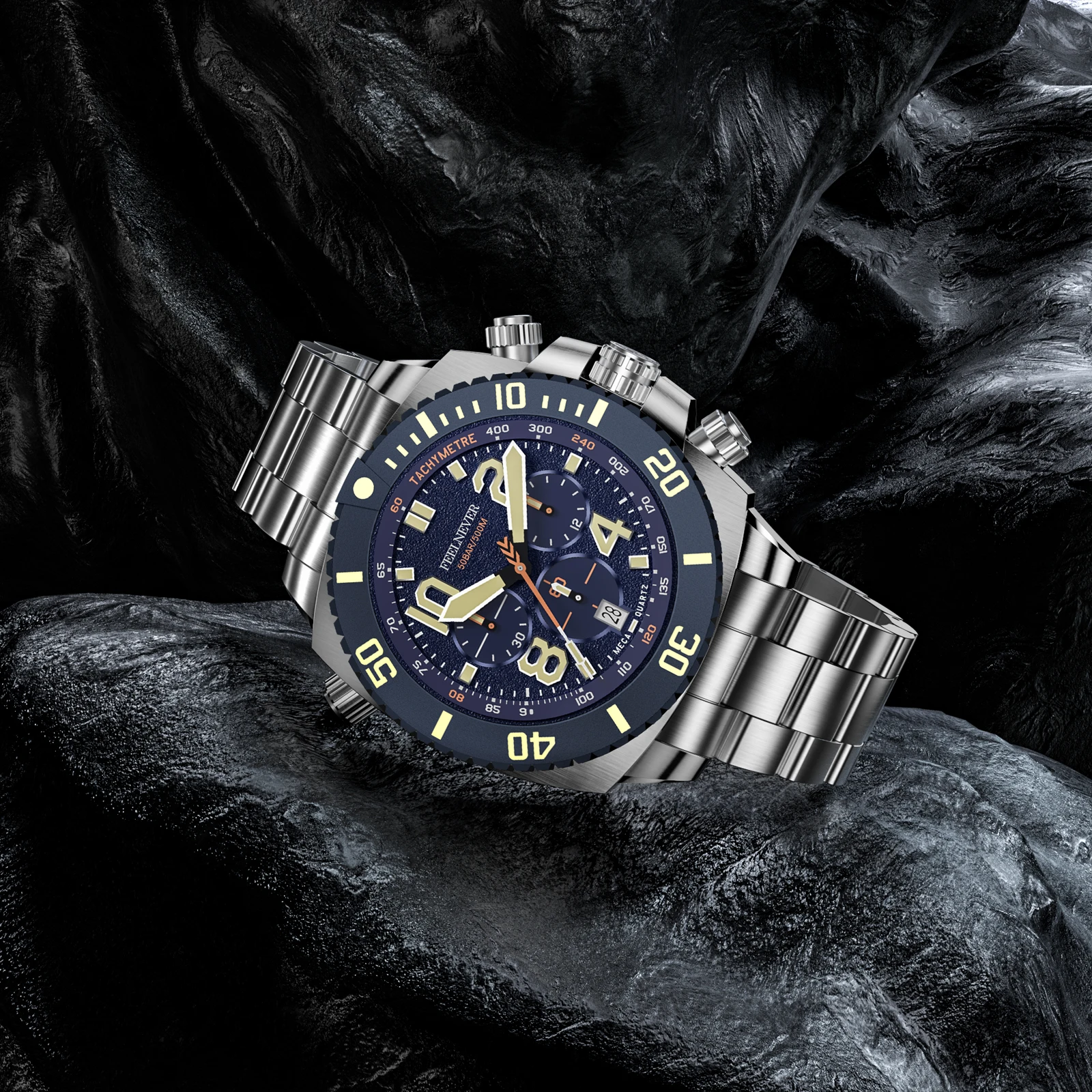 FeelNever Sport Automatic Movement Quartz Watch Stainless Steel Sapphire Crystal Watches Men 500M Waterproof Clocks Reloj Hombre view 3
