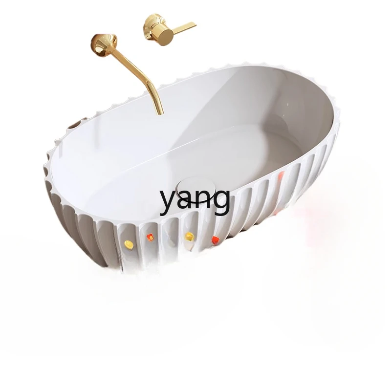 

LTT artificial stone counter basin hand washing household oval vertical striped bathroom balcony basin